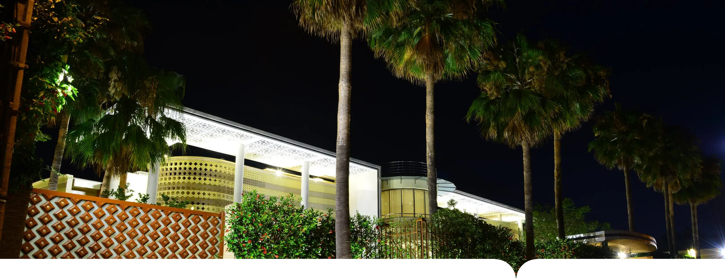 The street front of Oumnia Palace at night, with its palms and screen wall